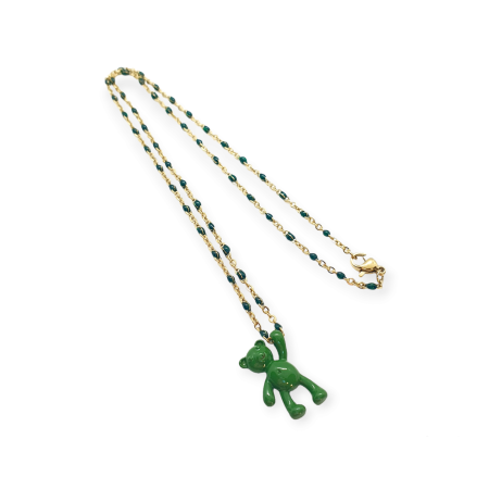 necklace goldchain with green beads and green bear2